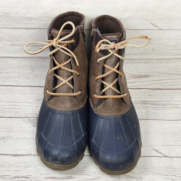SPERRY Saltwater Womens Dark Brown Leather and Blue Rubber Duck Boots Size 9 - Picture 3 of 7